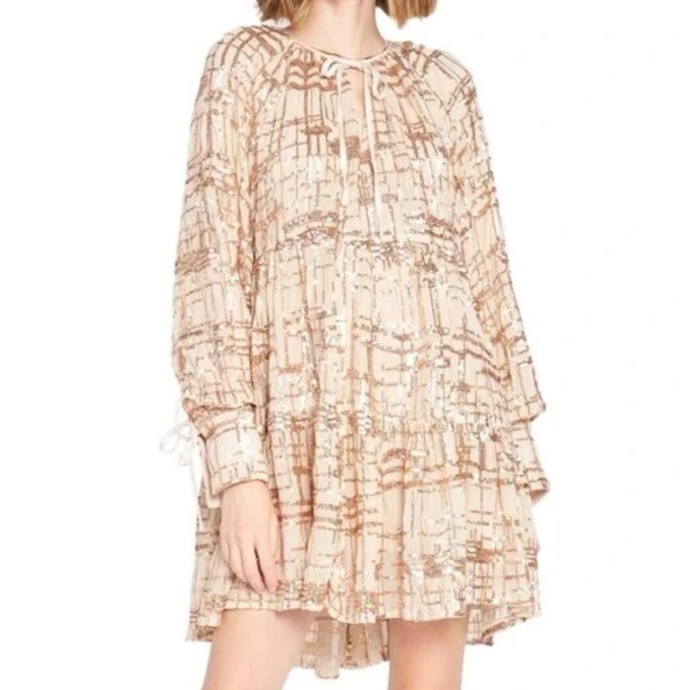 En Saison Beige Copper Sequin Tiered Long Sleeve Babydoll Cocktail Dress Size L